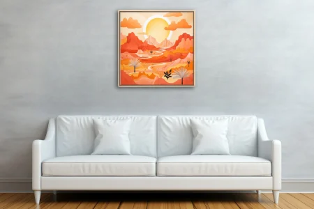 Flat graphic abstract desert canyon landscape with warm orange tones and luminous sun