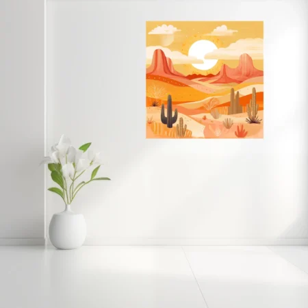 Flat-style abstract desert landscape with mesas, cacti, and warm terracotta tones