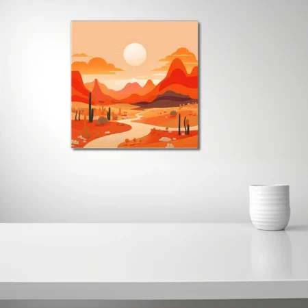 Abstract desert landscape flat illustration in burnt orange and terracotta with cacti and mountains