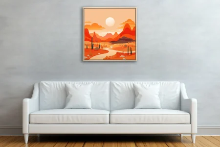Abstract desert landscape flat illustration in burnt orange and terracotta with cacti and mountains
