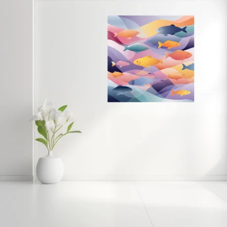 Abstract flat-design fish illustration with layered pastel waves in violet, orange, and gold