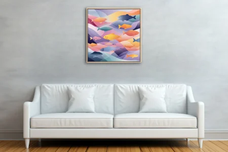 Abstract flat-design fish illustration with layered pastel waves in violet, orange, and gold
