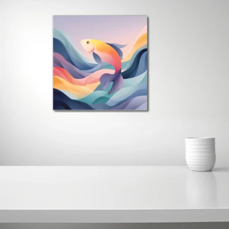 Abstract koi fish illustration with pastel gradient waves in soft rainbow tones