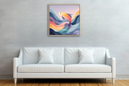 Abstract koi fish illustration with pastel gradient waves in soft rainbow tones