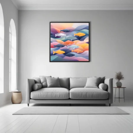 Abstract flat-style fish illustration with pastel waves and warm gradient tones