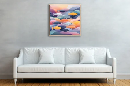 Abstract flat-style fish illustration with pastel waves and warm gradient tones