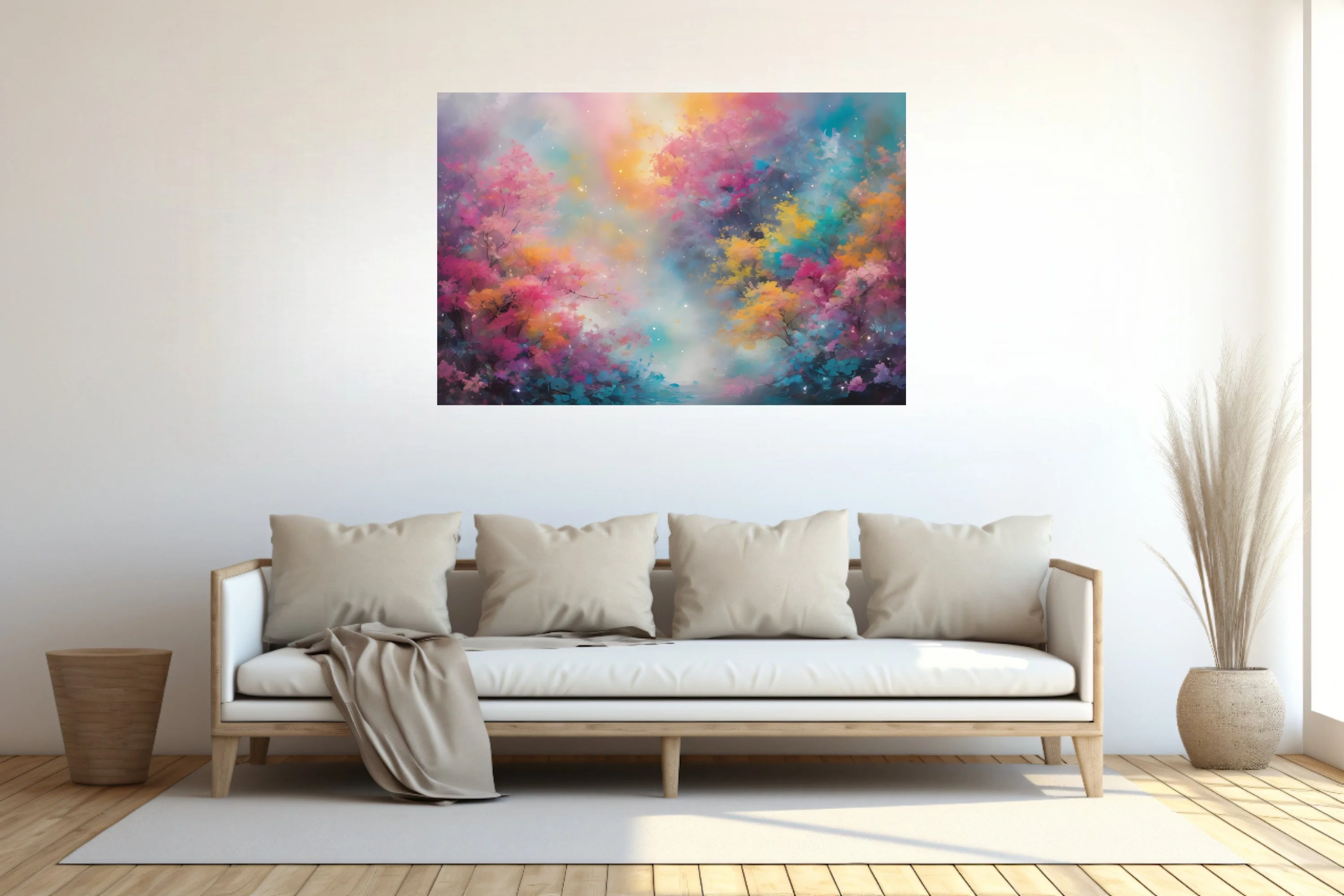 Dreamy abstract floral landscape in pink, yellow, and turquoise with soft glowing mist and sparkle