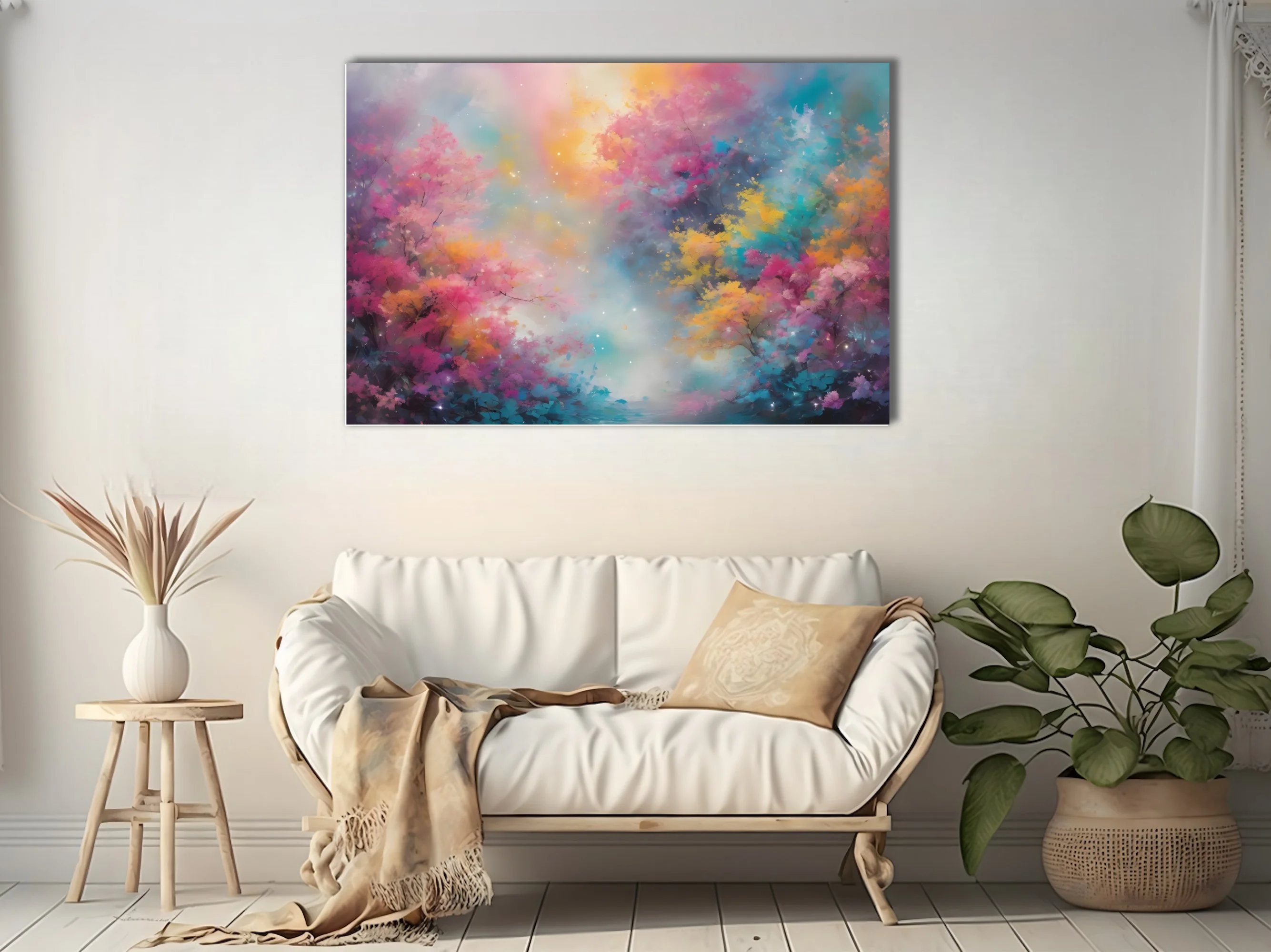 Dreamy abstract floral landscape in pink, yellow, and turquoise with soft glowing mist and sparkle