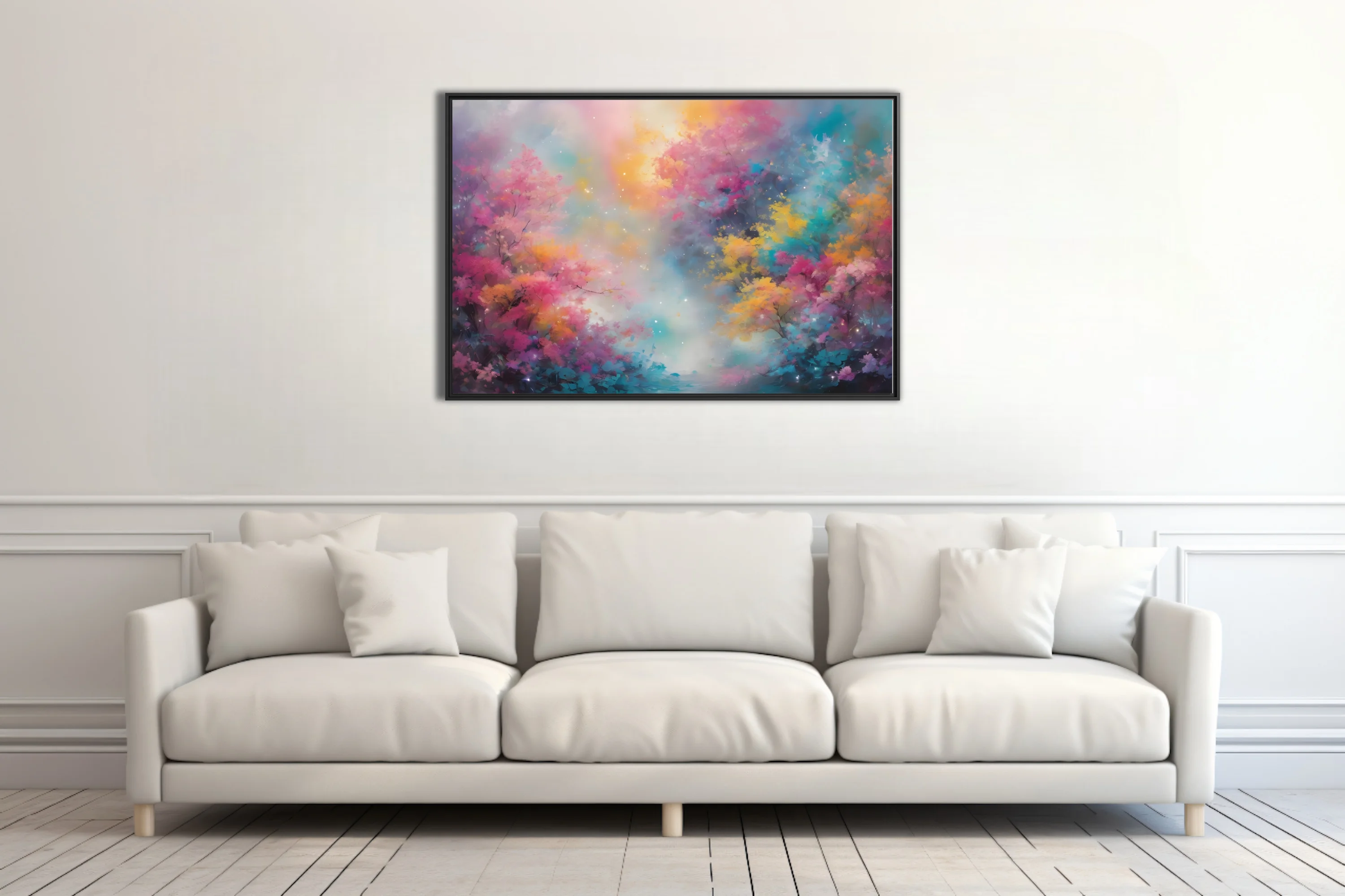 Dreamy abstract floral landscape in pink, yellow, and turquoise with soft glowing mist and sparkle
