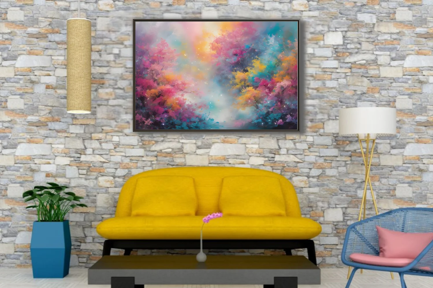 Dreamy abstract floral landscape in pink, yellow, and turquoise with soft glowing mist and sparkle