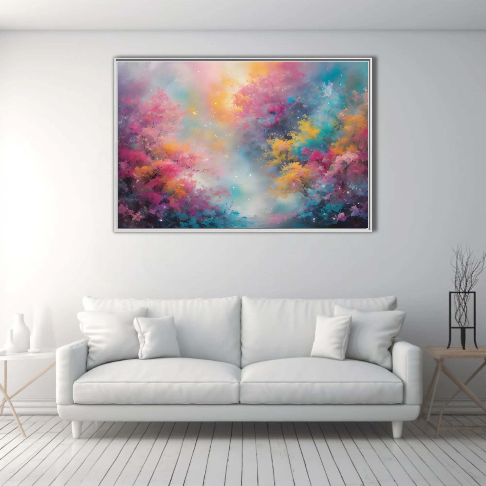 Dreamy abstract floral landscape in pink, yellow, and turquoise with soft glowing mist and sparkle