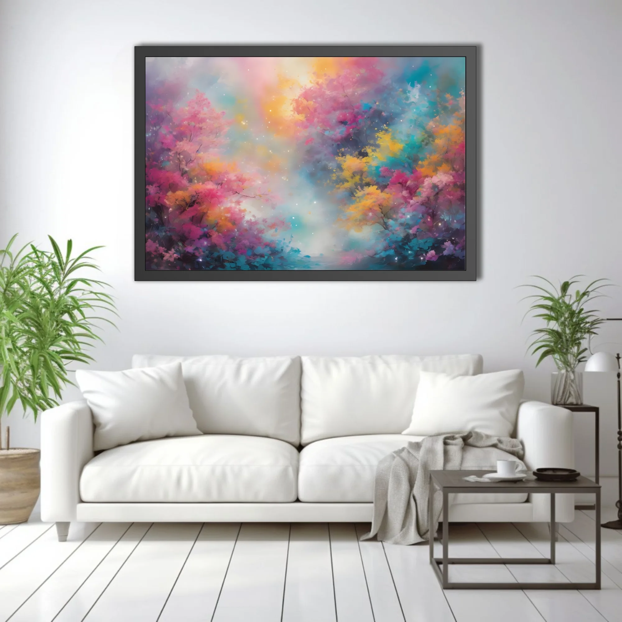 Dreamy abstract floral landscape in pink, yellow, and turquoise with soft glowing mist and sparkle