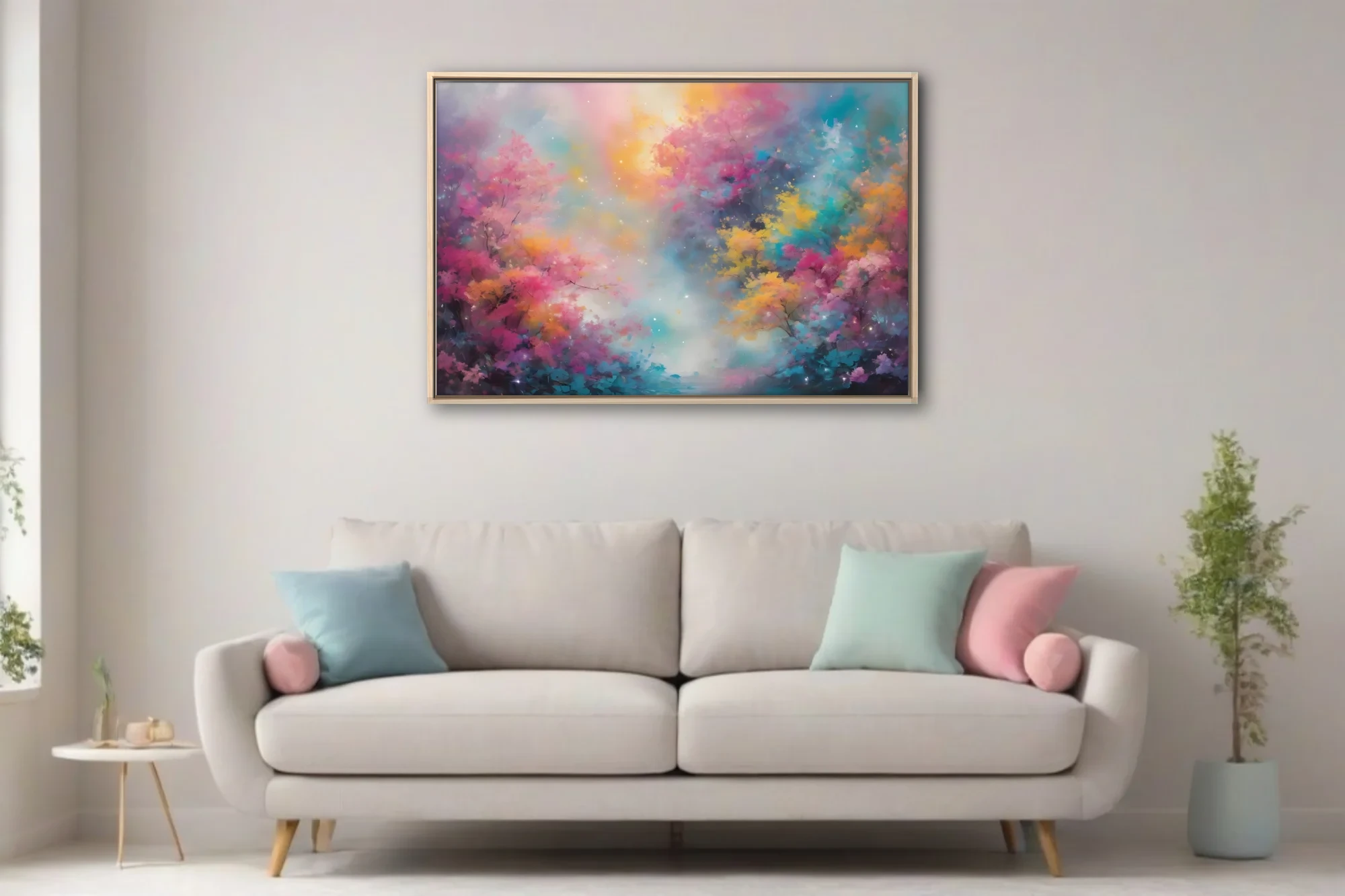 Dreamy abstract floral landscape in pink, yellow, and turquoise with soft glowing mist and sparkle