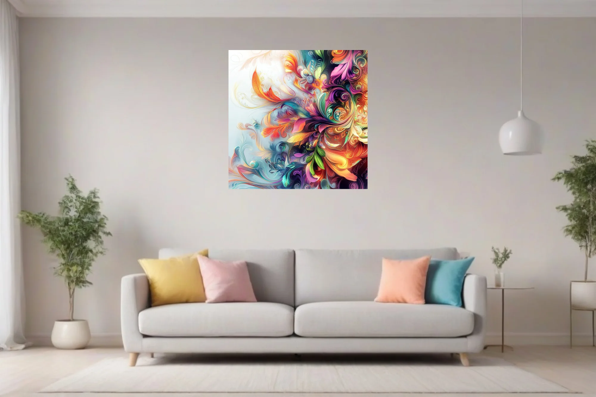 Vibrant abstract floral swirl art with iridescent botanical motifs in rainbow palette