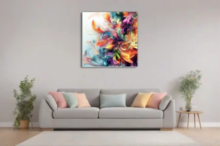 Vibrant abstract floral swirl art with iridescent botanical motifs in rainbow palette