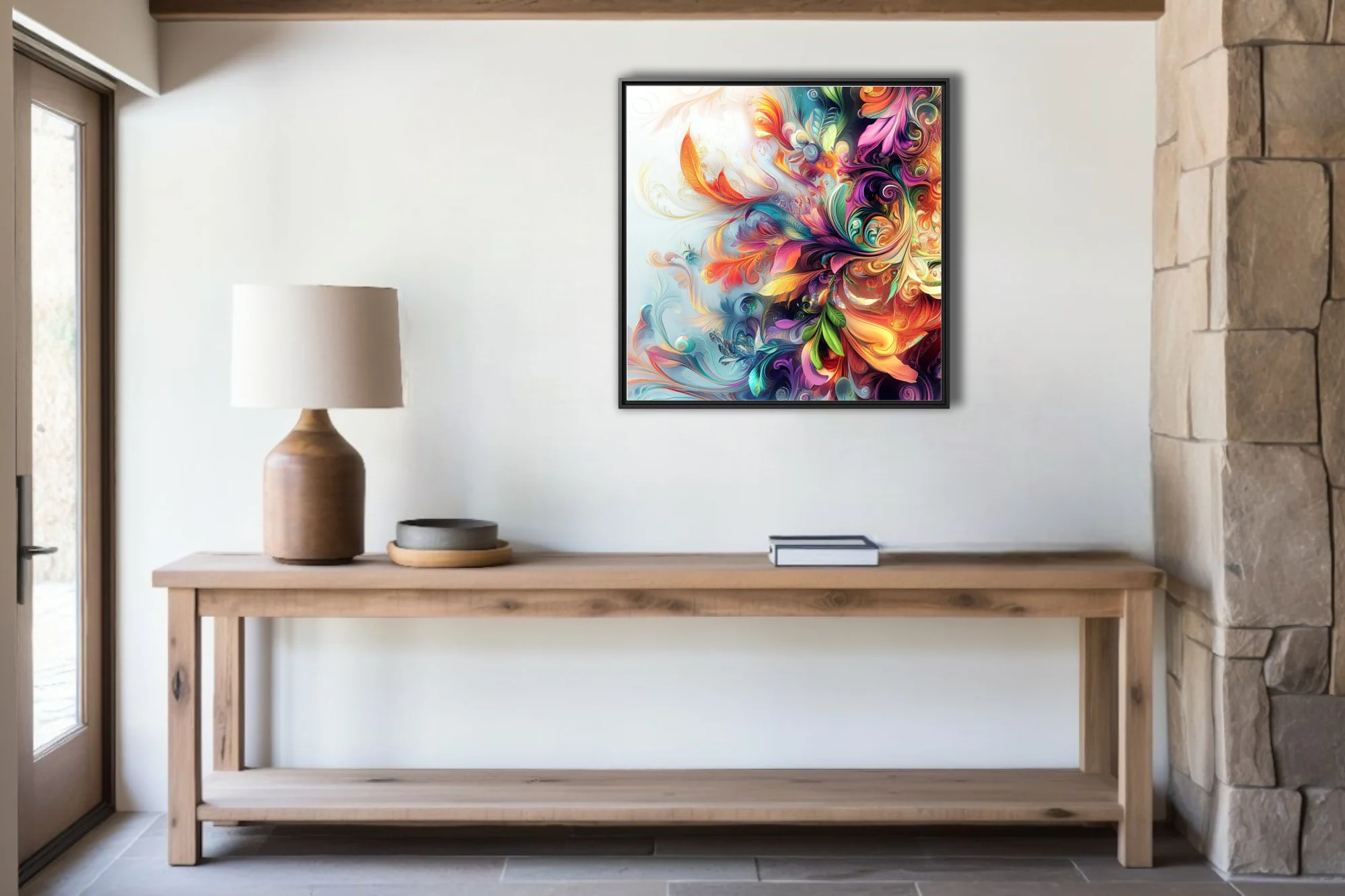 Vibrant abstract floral swirl art with iridescent botanical motifs in rainbow palette