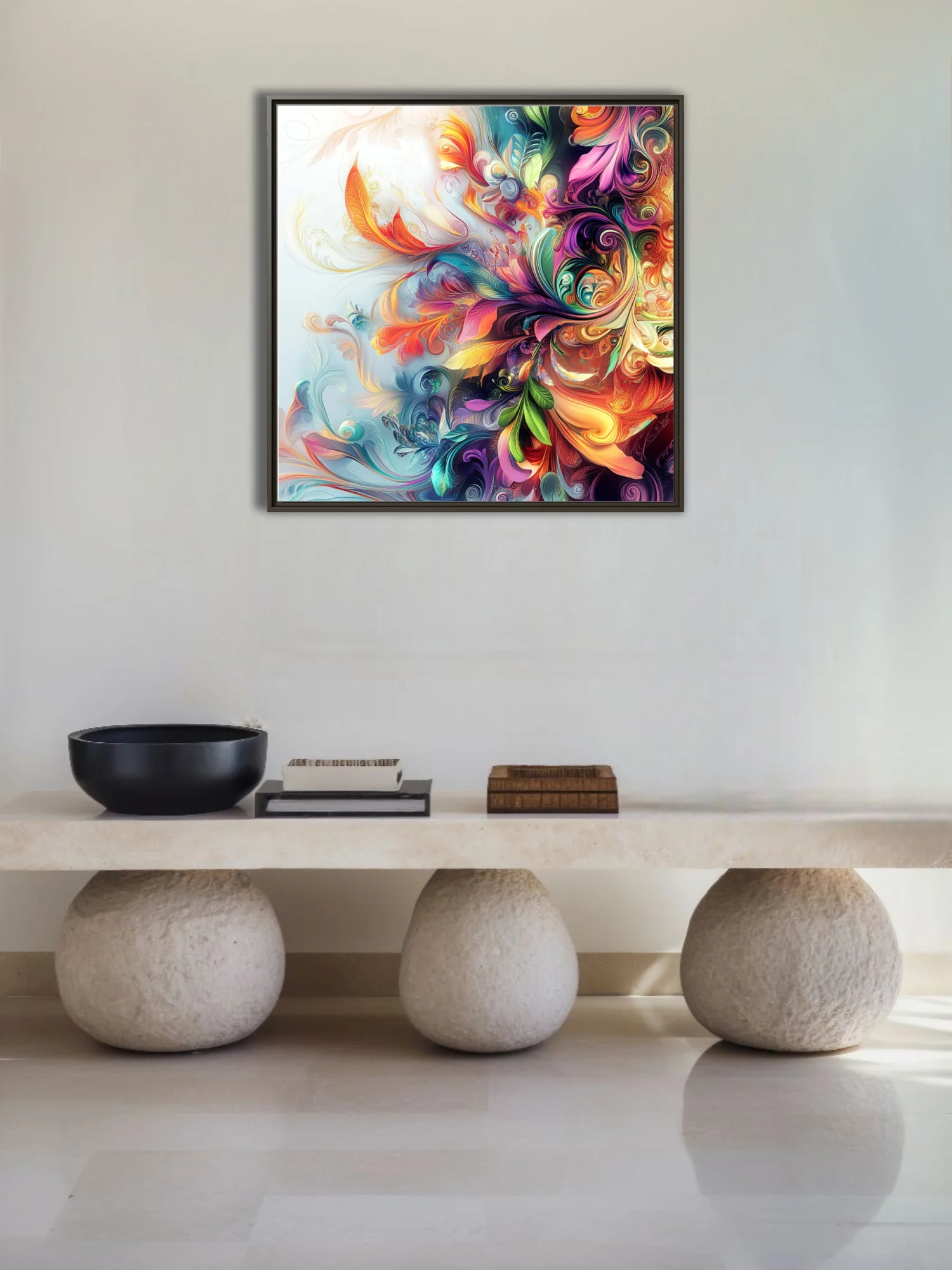 Vibrant abstract floral swirl art with iridescent botanical motifs in rainbow palette