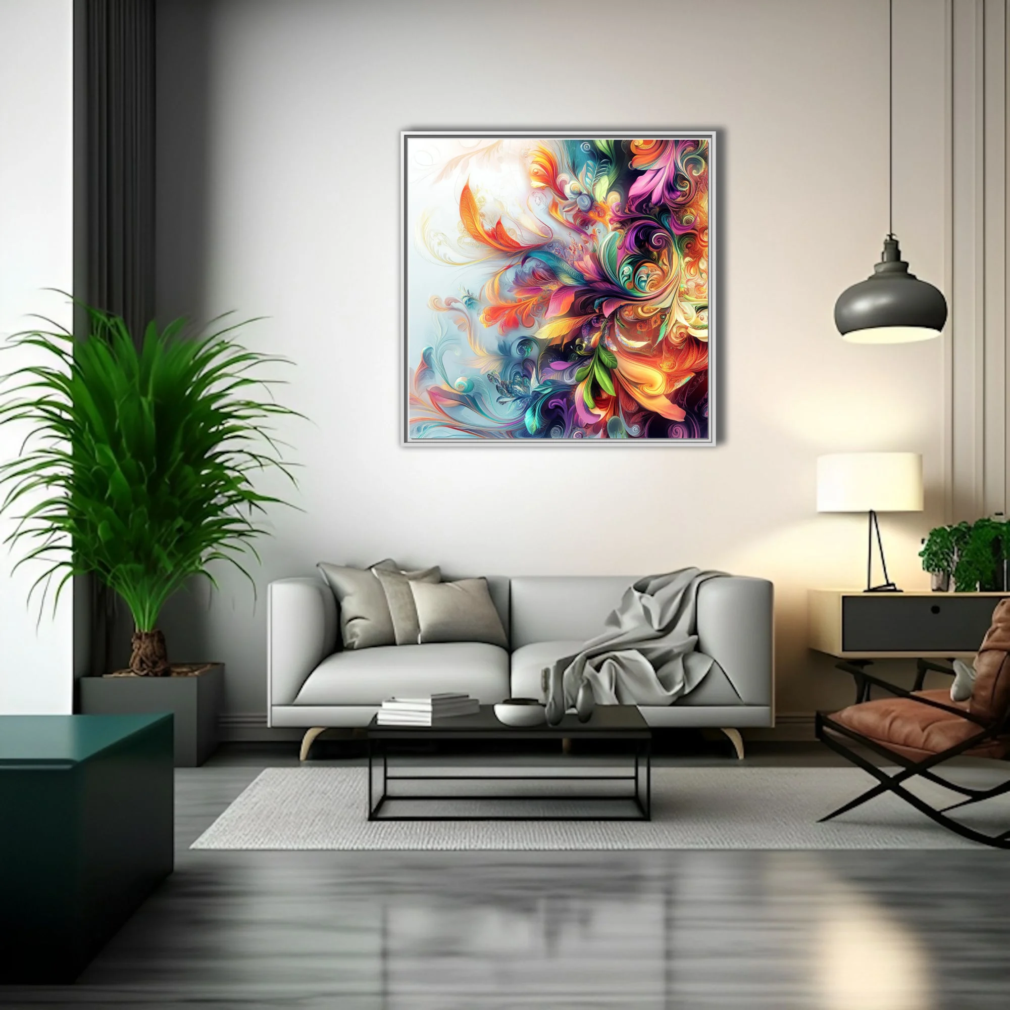 Vibrant abstract floral swirl art with iridescent botanical motifs in rainbow palette