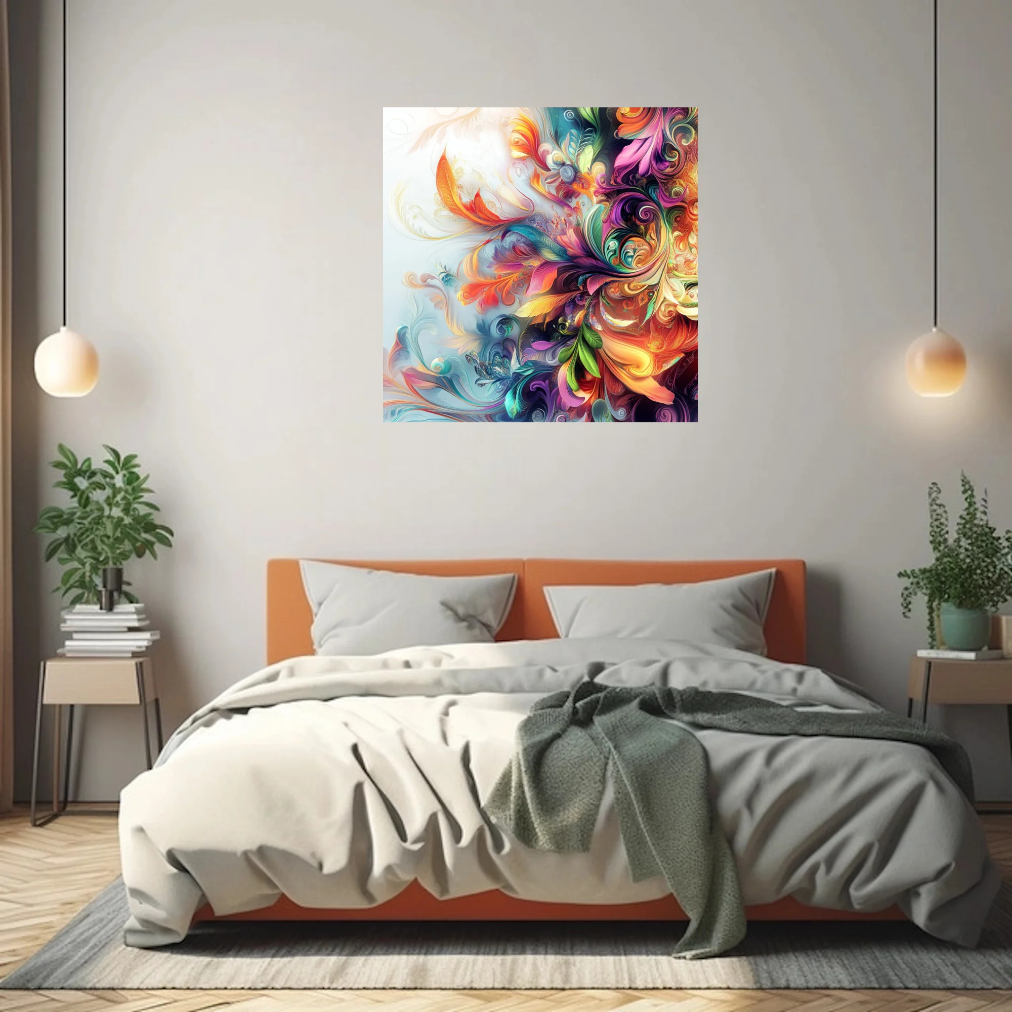 Vibrant abstract floral swirl art with iridescent botanical motifs in rainbow palette