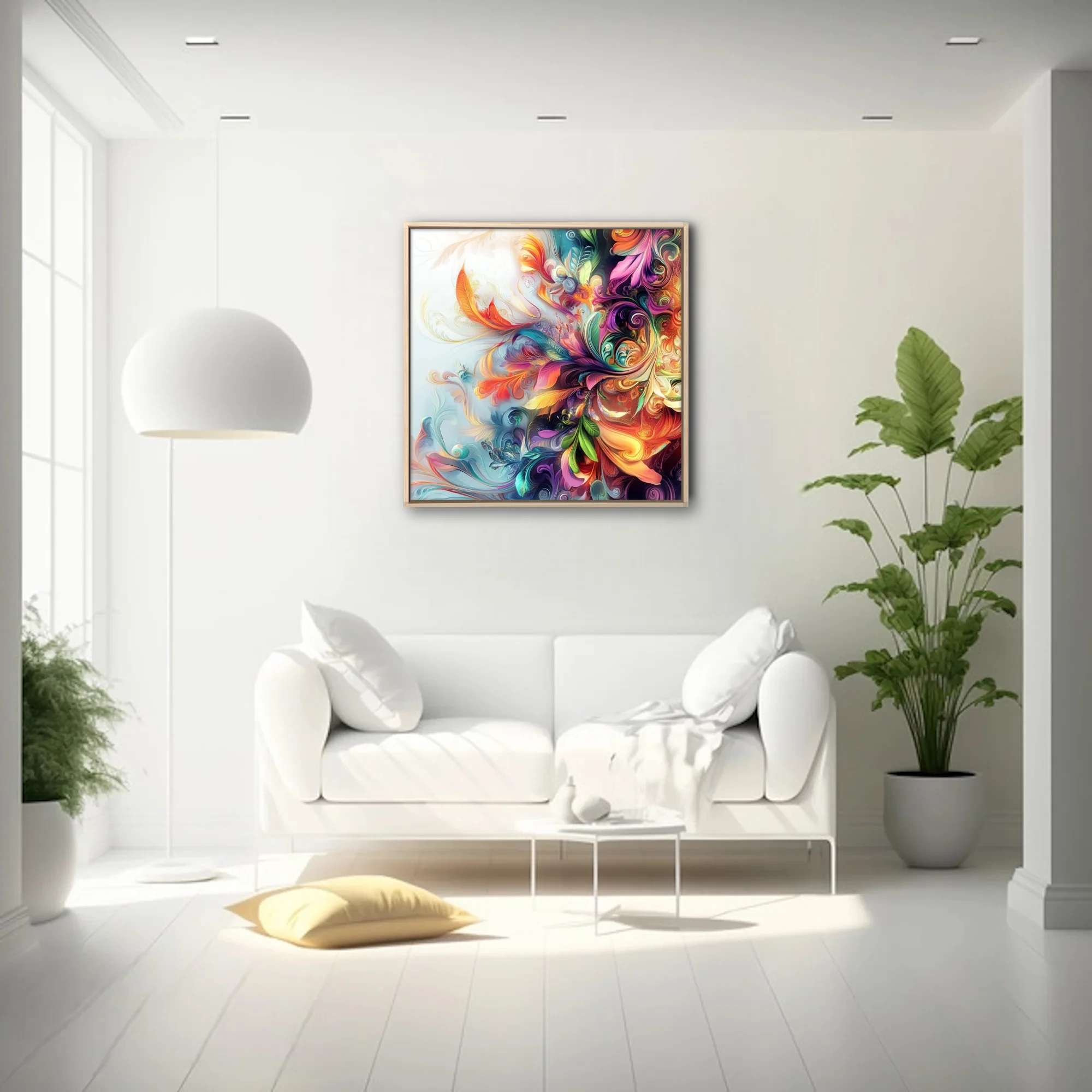 Vibrant abstract floral swirl art with iridescent botanical motifs in rainbow palette