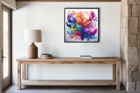 Vibrant abstract botanical swirls in jewel-toned watercolor-style with bold leafy flourishes