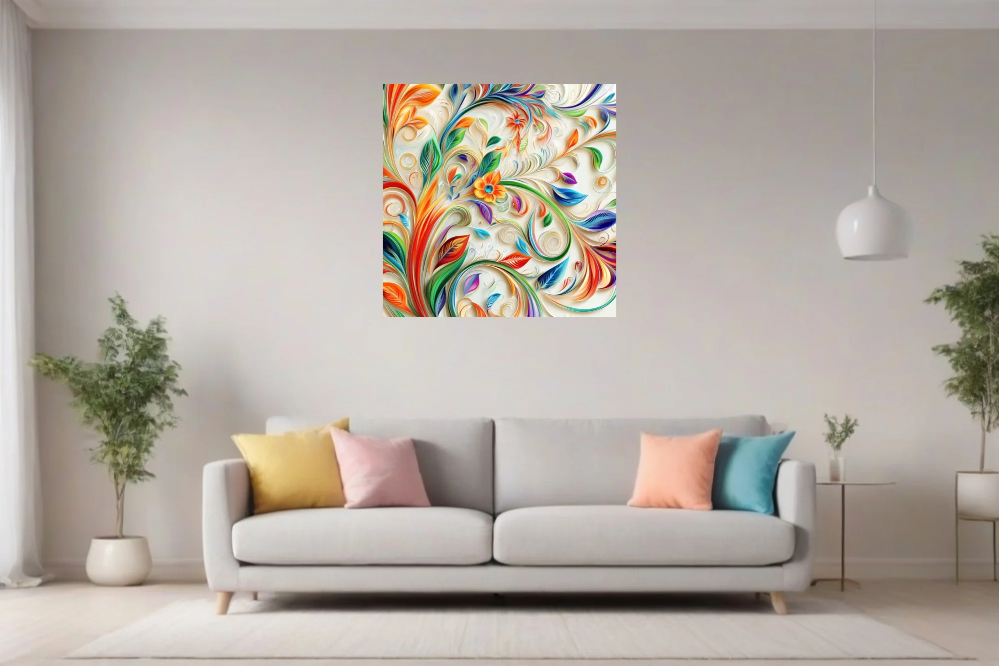 Paper quilling-style swirling botanical art with rainbow leaves and floral motifs on cream
