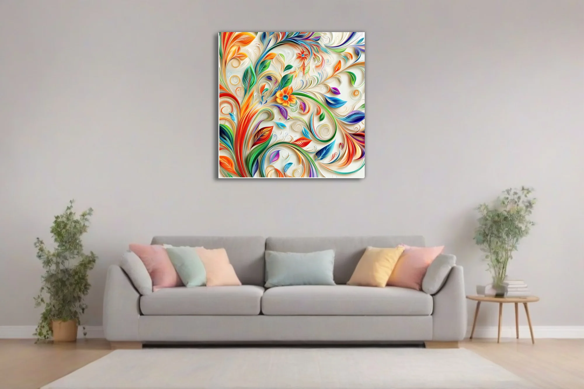 Paper quilling-style swirling botanical art with rainbow leaves and floral motifs on cream