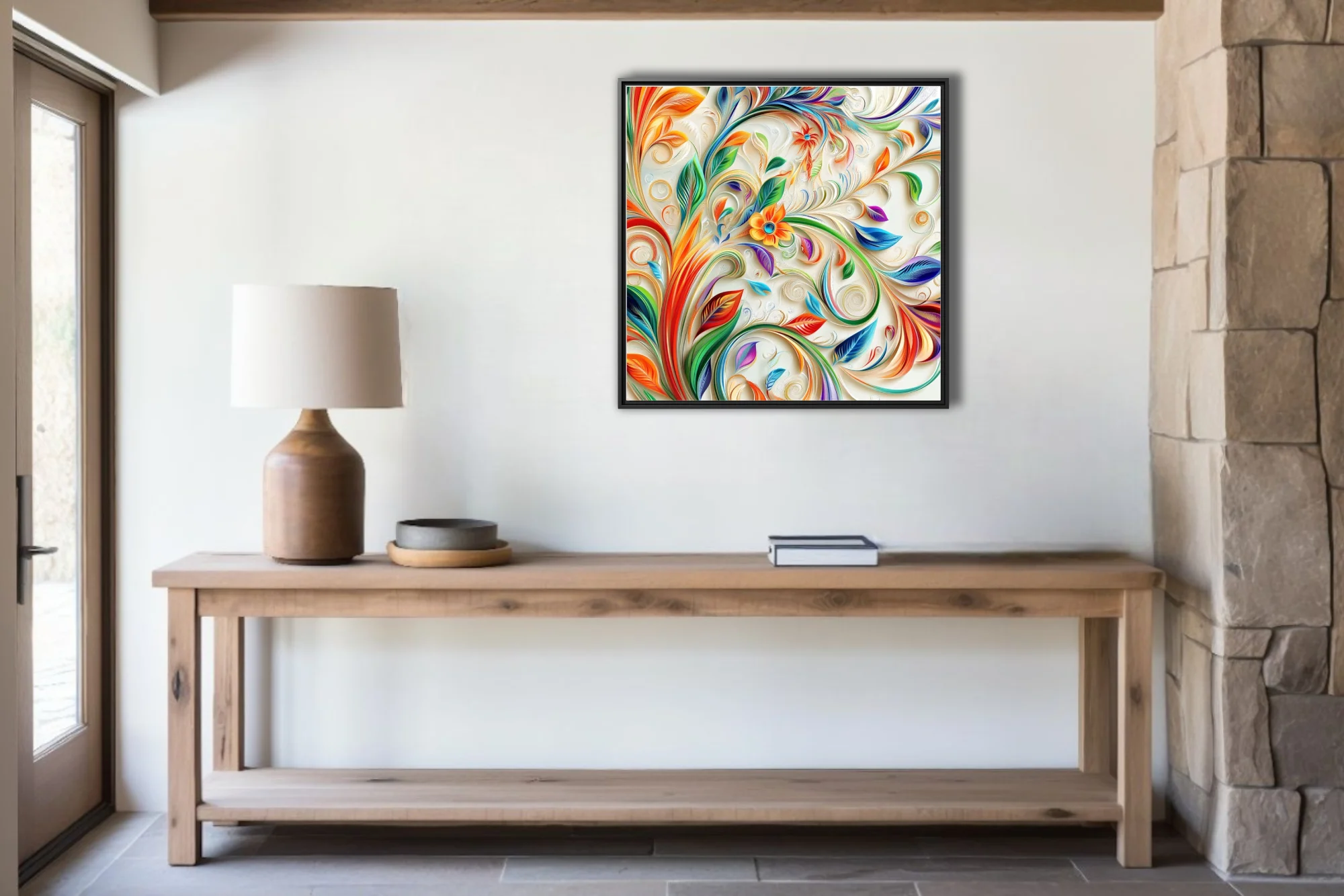 Paper quilling-style swirling botanical art with rainbow leaves and floral motifs on cream