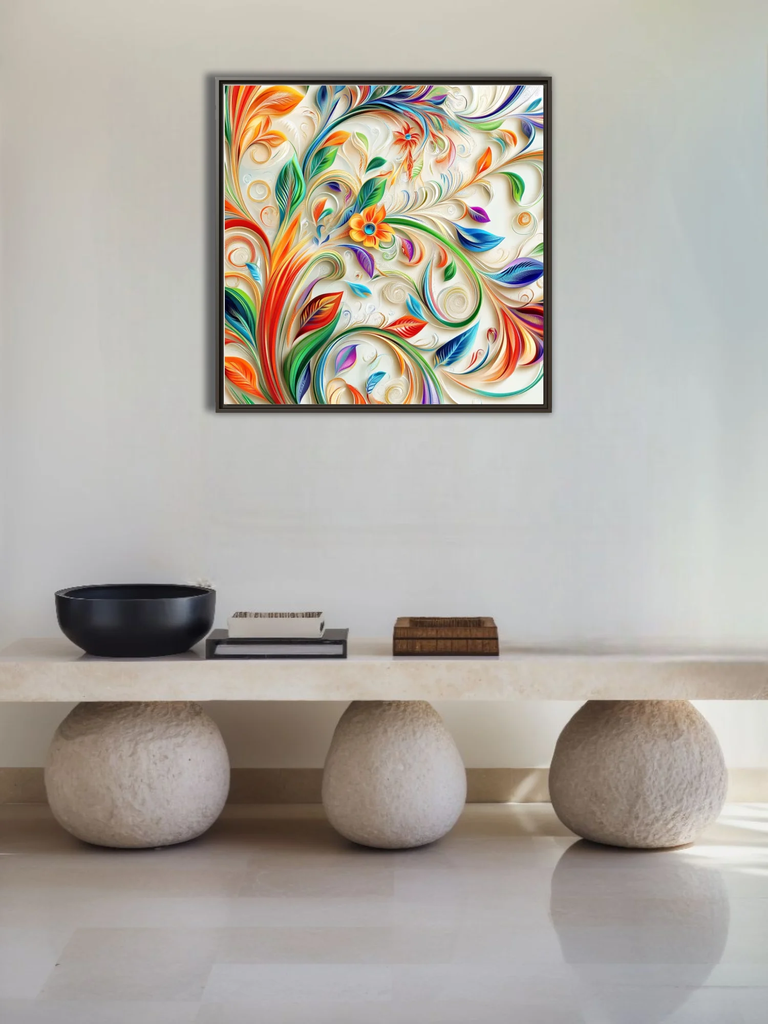 Paper quilling-style swirling botanical art with rainbow leaves and floral motifs on cream