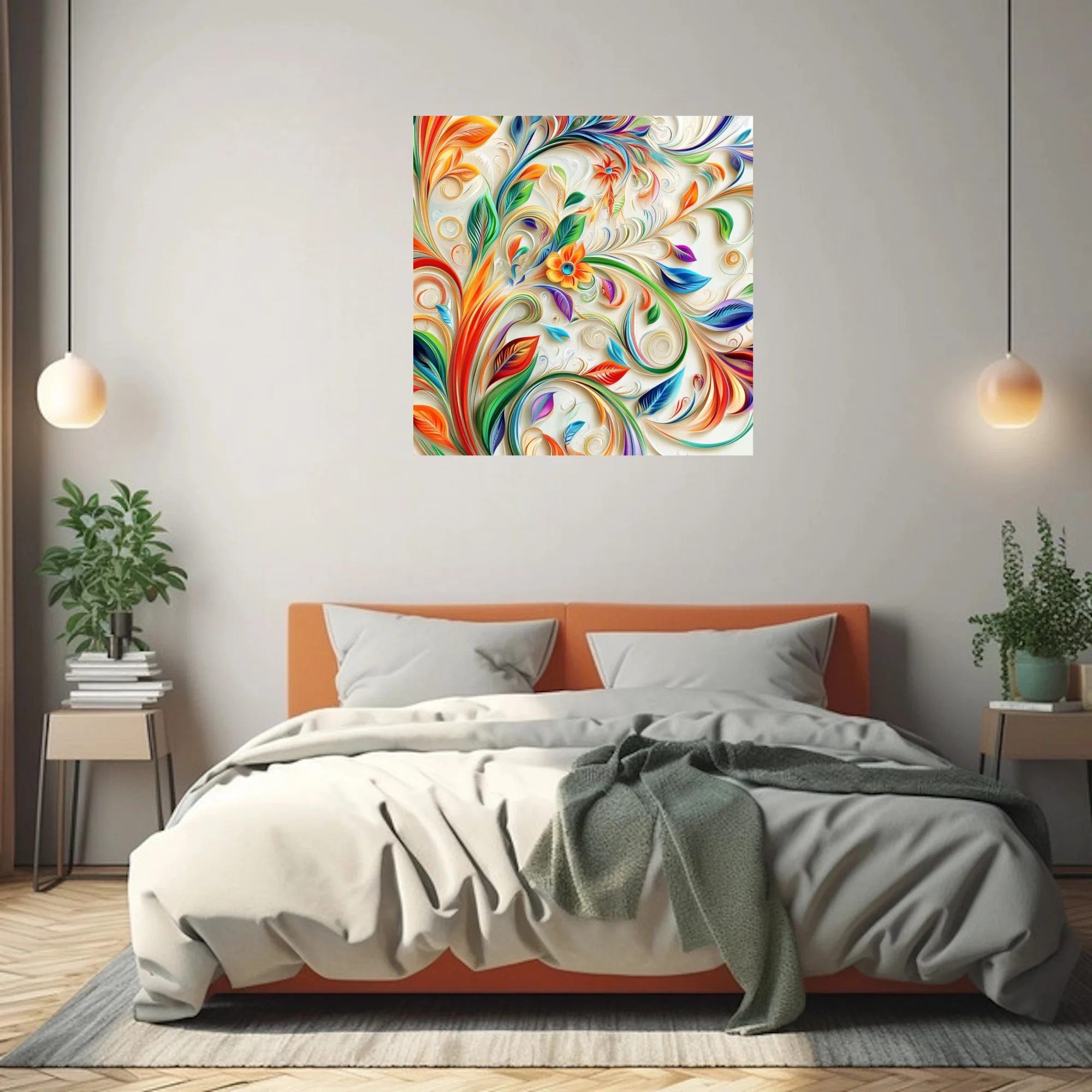 Paper quilling-style swirling botanical art with rainbow leaves and floral motifs on cream