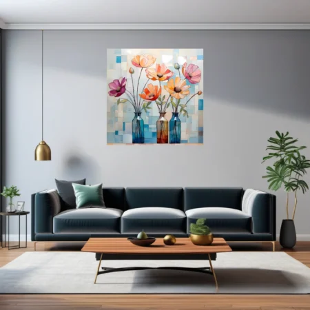 Stained-glass-style abstract floral art, coral peach pink blooms in glass vases, mosaic background