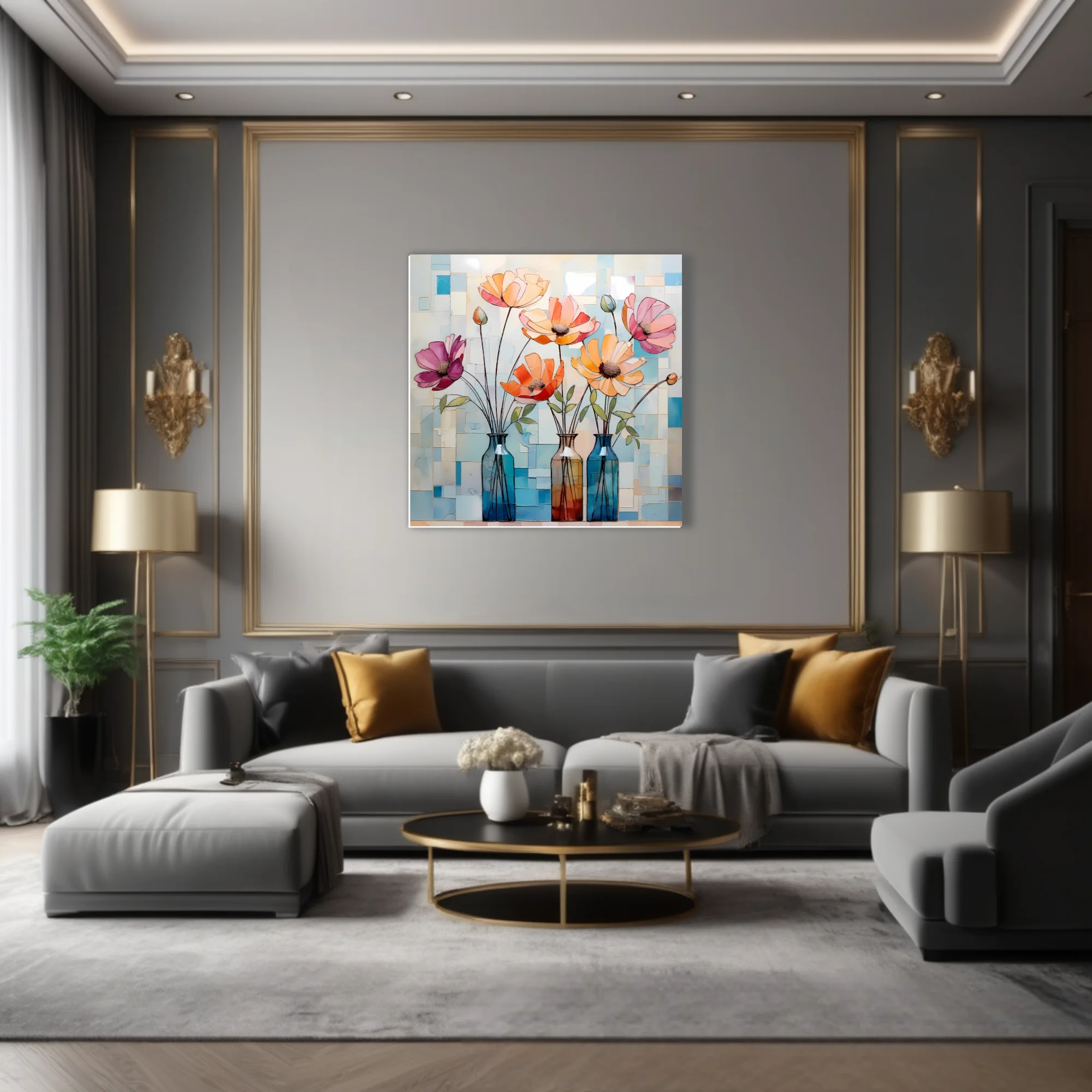 Stained-glass-style abstract floral art, coral peach pink blooms in glass vases, mosaic background