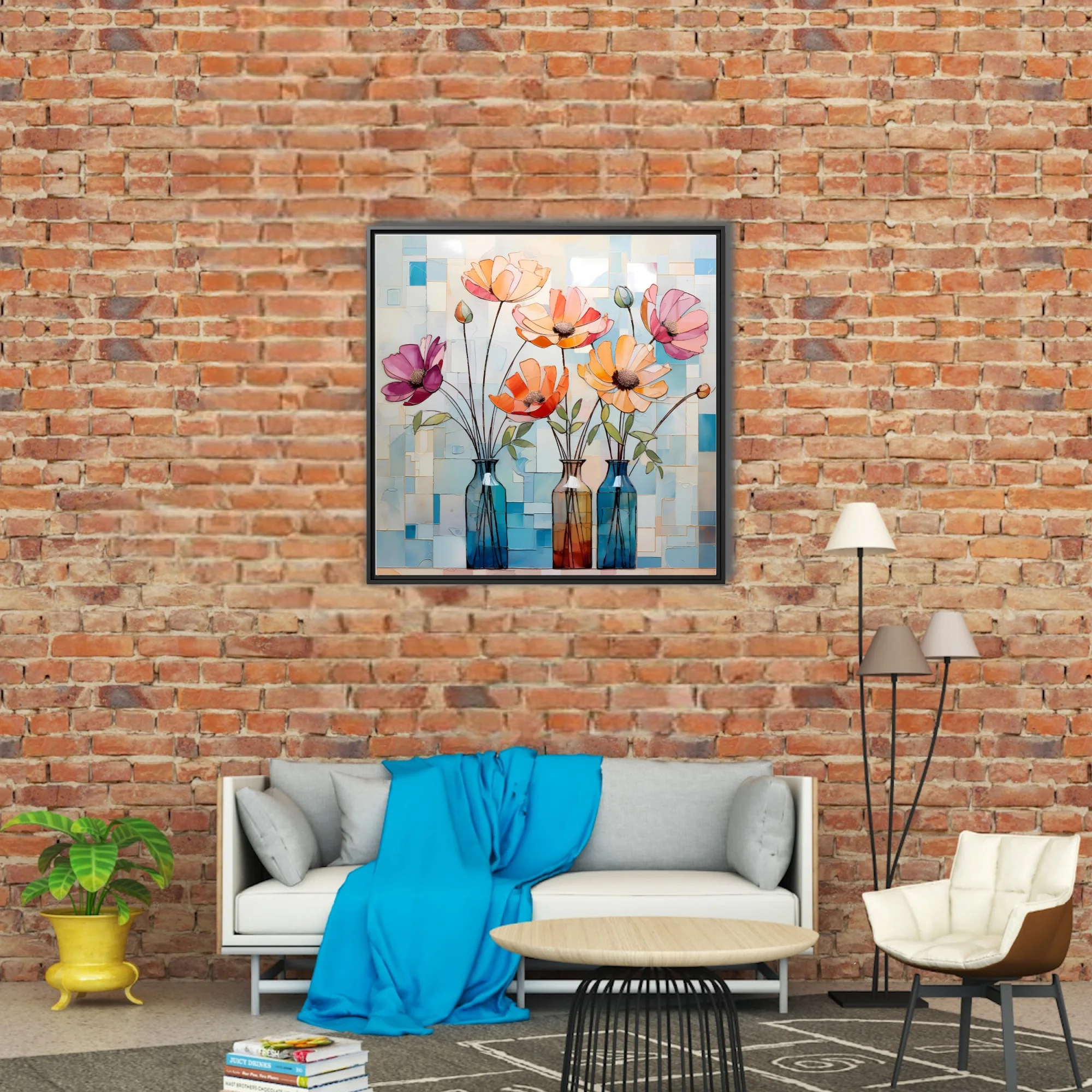Stained-glass-style abstract floral art, coral peach pink blooms in glass vases, mosaic background