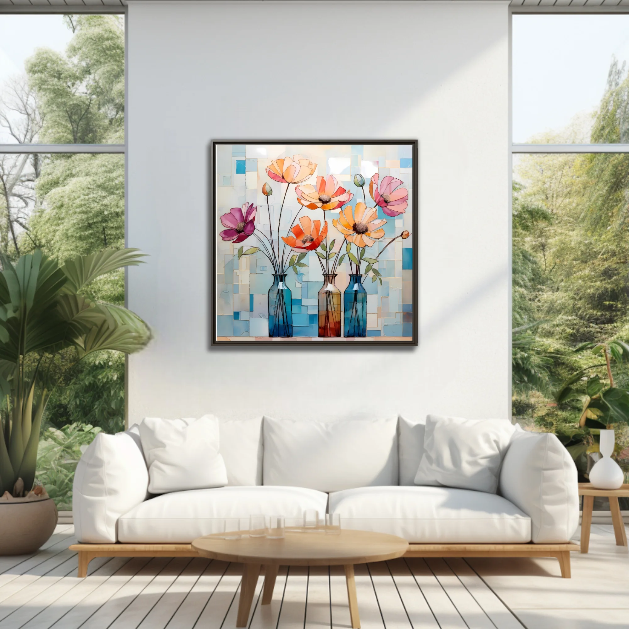Stained-glass-style abstract floral art, coral peach pink blooms in glass vases, mosaic background