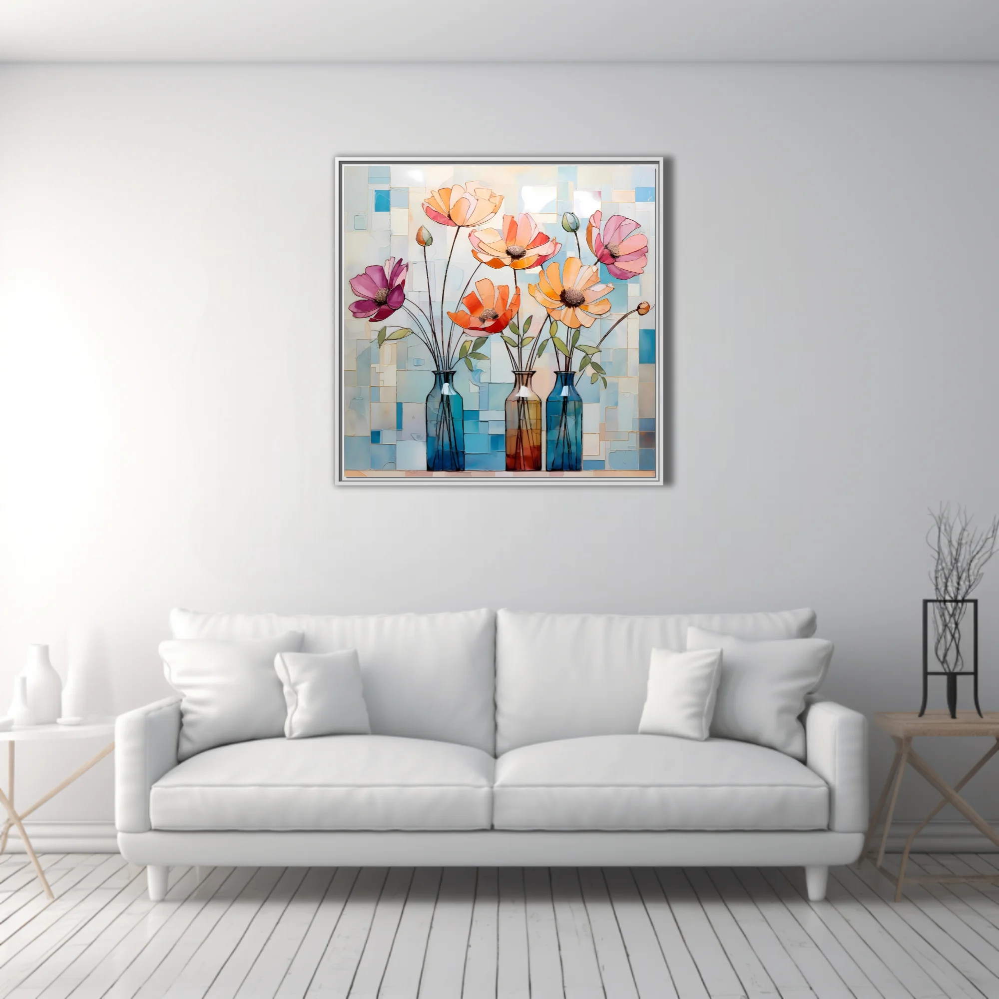 Stained-glass-style abstract floral art, coral peach pink blooms in glass vases, mosaic background