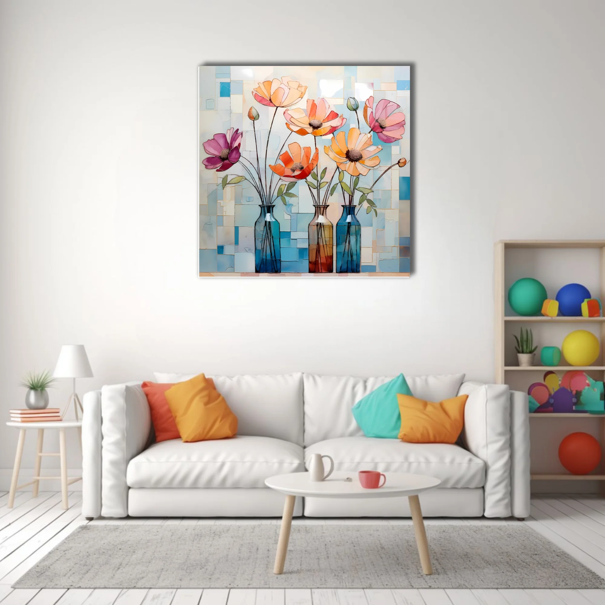 Stained-glass-style abstract floral art, coral peach pink blooms in glass vases, mosaic background
