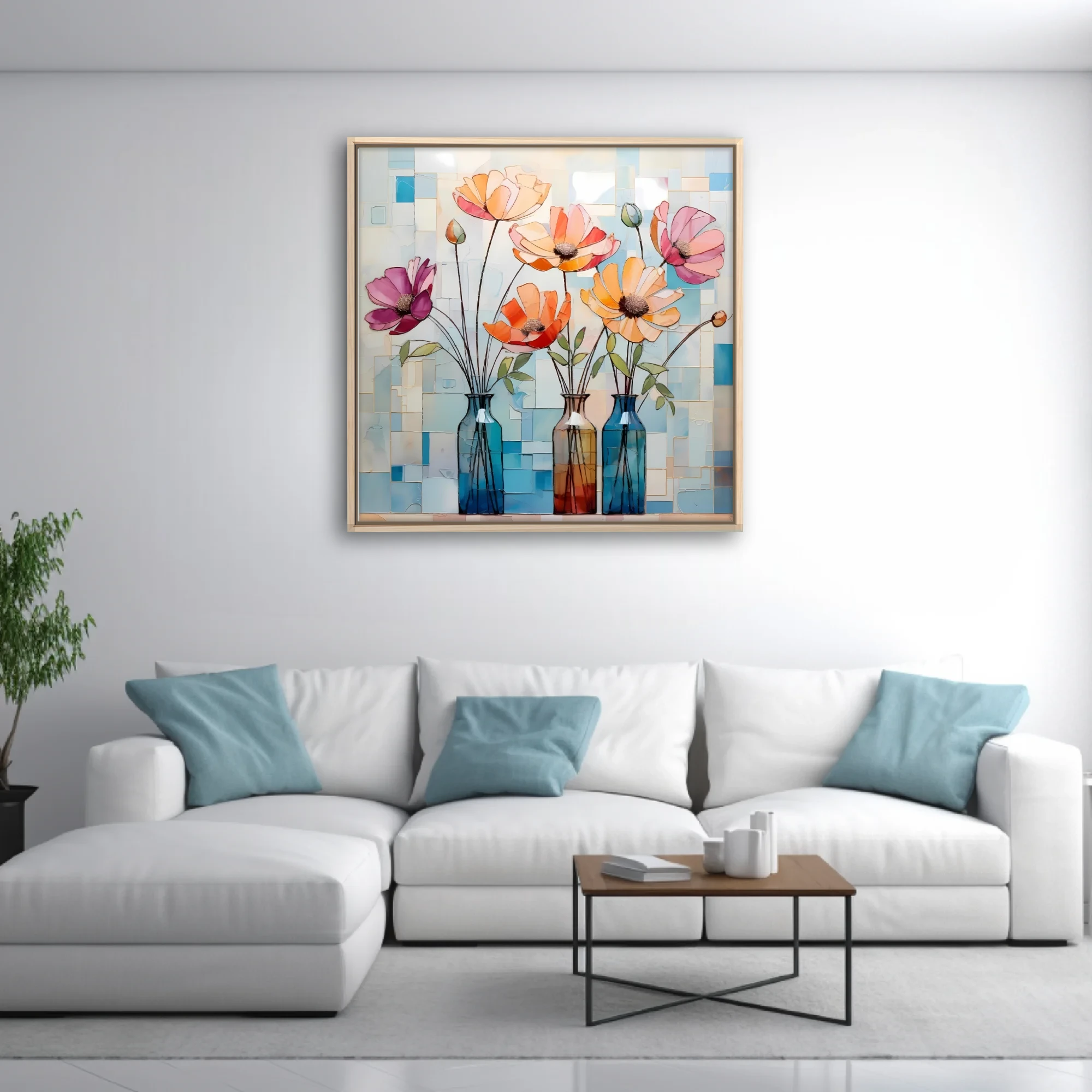 Stained-glass-style abstract floral art, coral peach pink blooms in glass vases, mosaic background