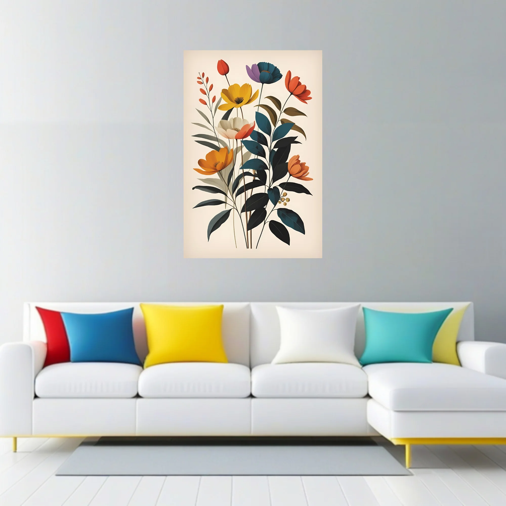 Mid-century modern flat botanical art, bold jewel-toned flowers and teal foliage on cream