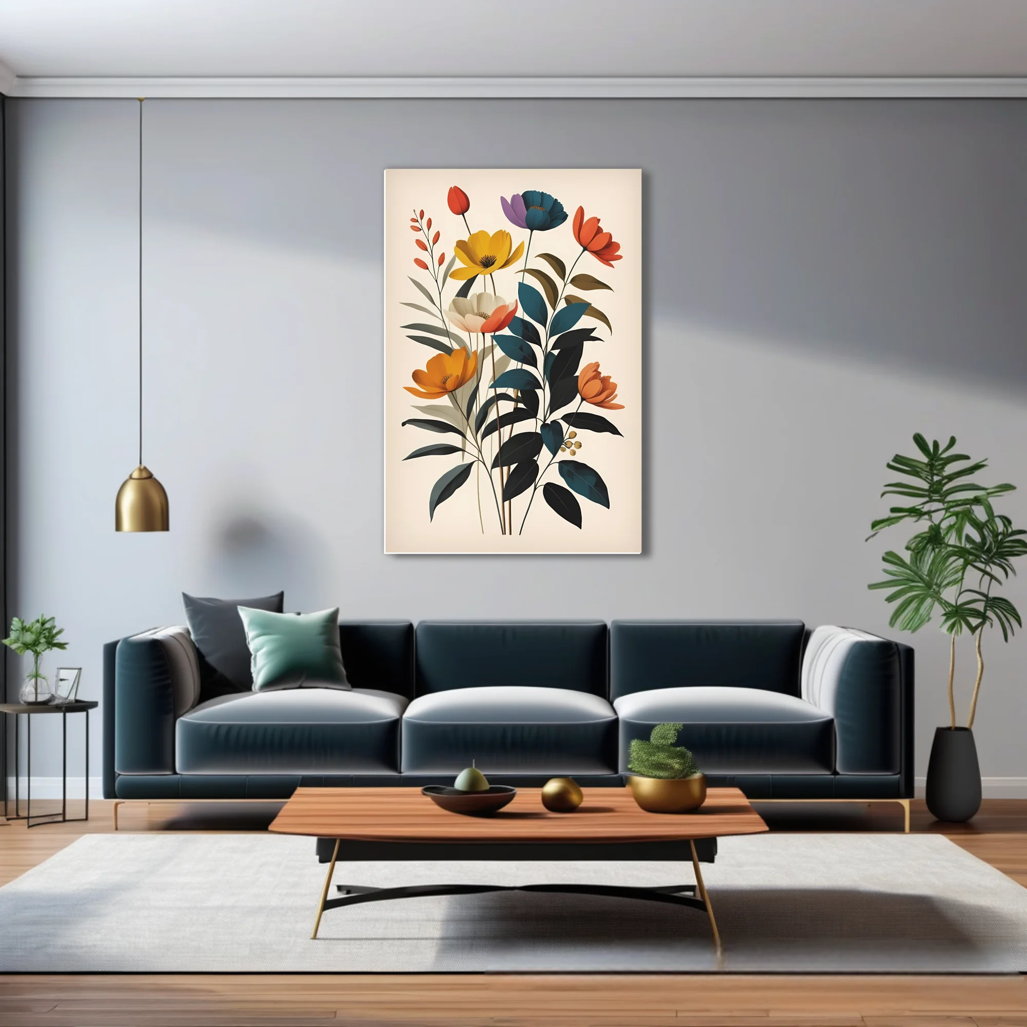 Mid-century modern flat botanical art, bold jewel-toned flowers and teal foliage on cream