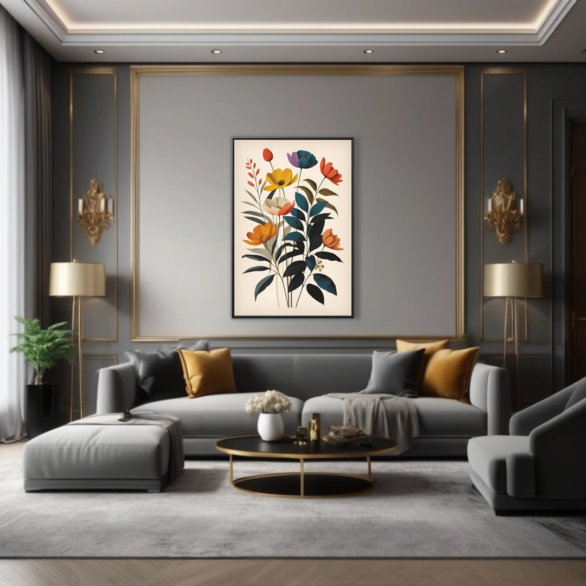 Mid-century modern flat botanical art, bold jewel-toned flowers and teal foliage on cream