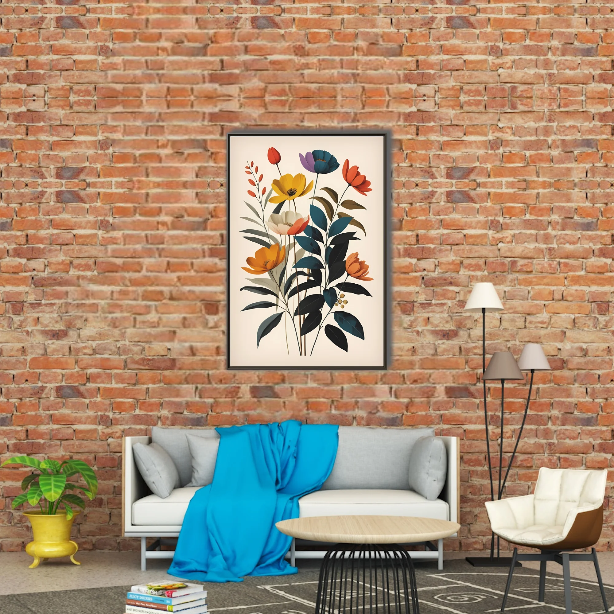 Mid-century modern flat botanical art, bold jewel-toned flowers and teal foliage on cream