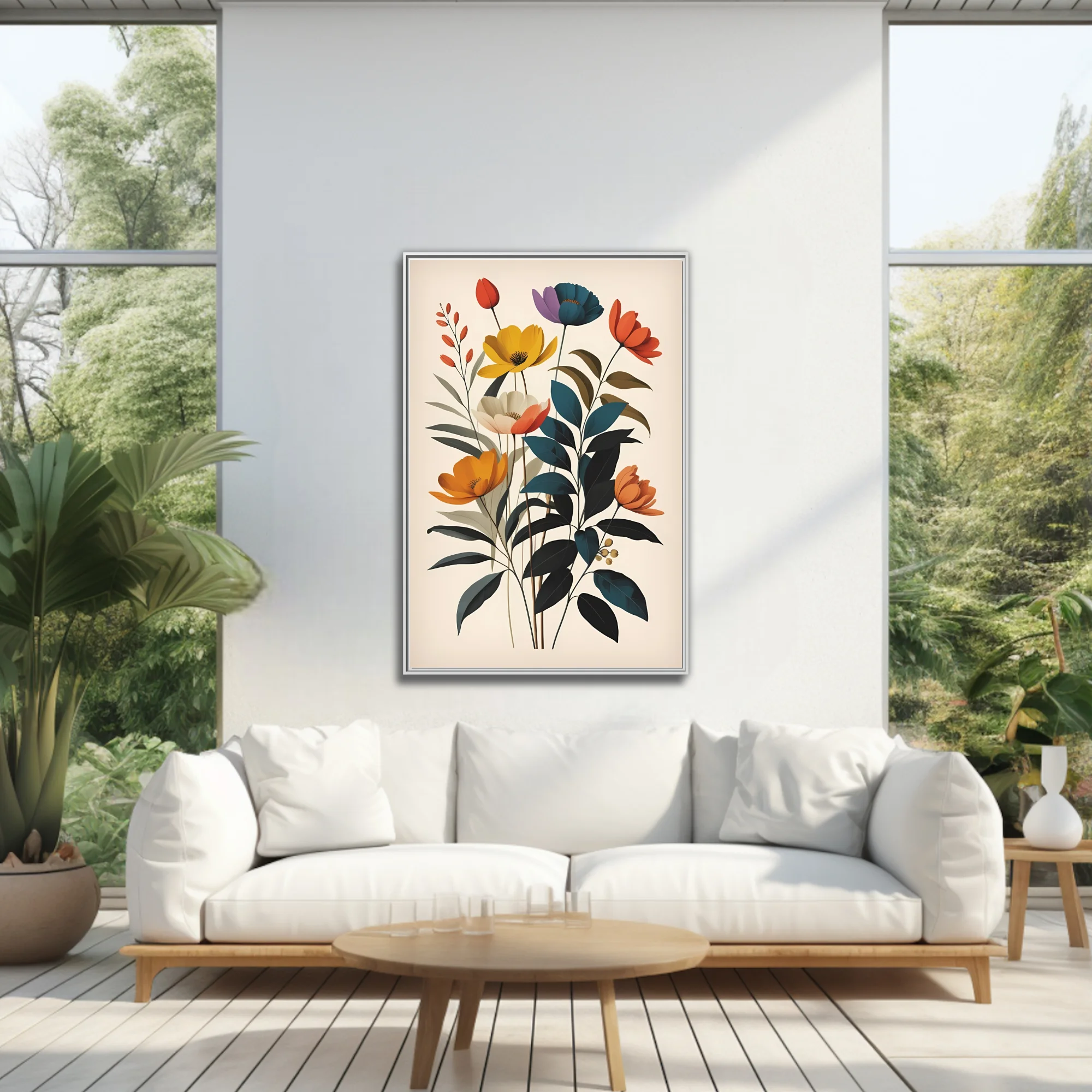Mid-century modern flat botanical art, bold jewel-toned flowers and teal foliage on cream