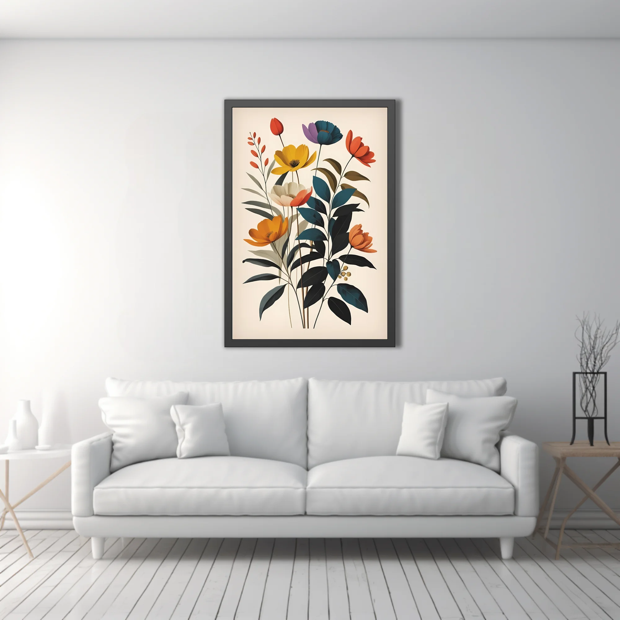 Mid-century modern flat botanical art, bold jewel-toned flowers and teal foliage on cream
