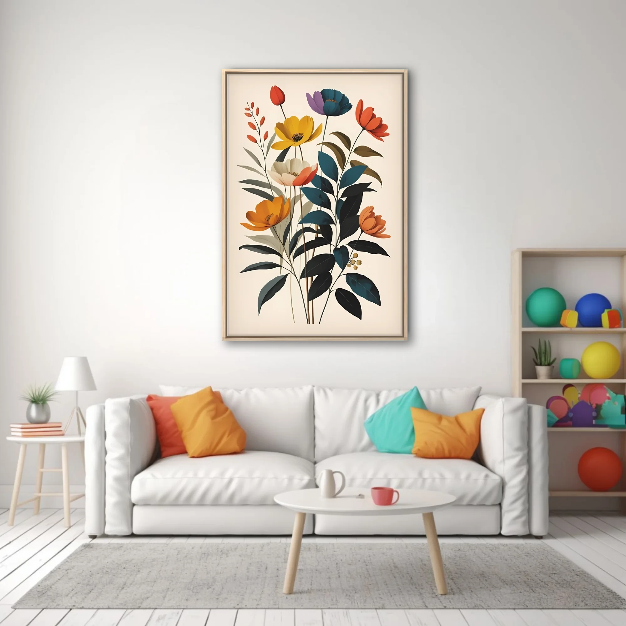 Mid-century modern flat botanical art, bold jewel-toned flowers and teal foliage on cream