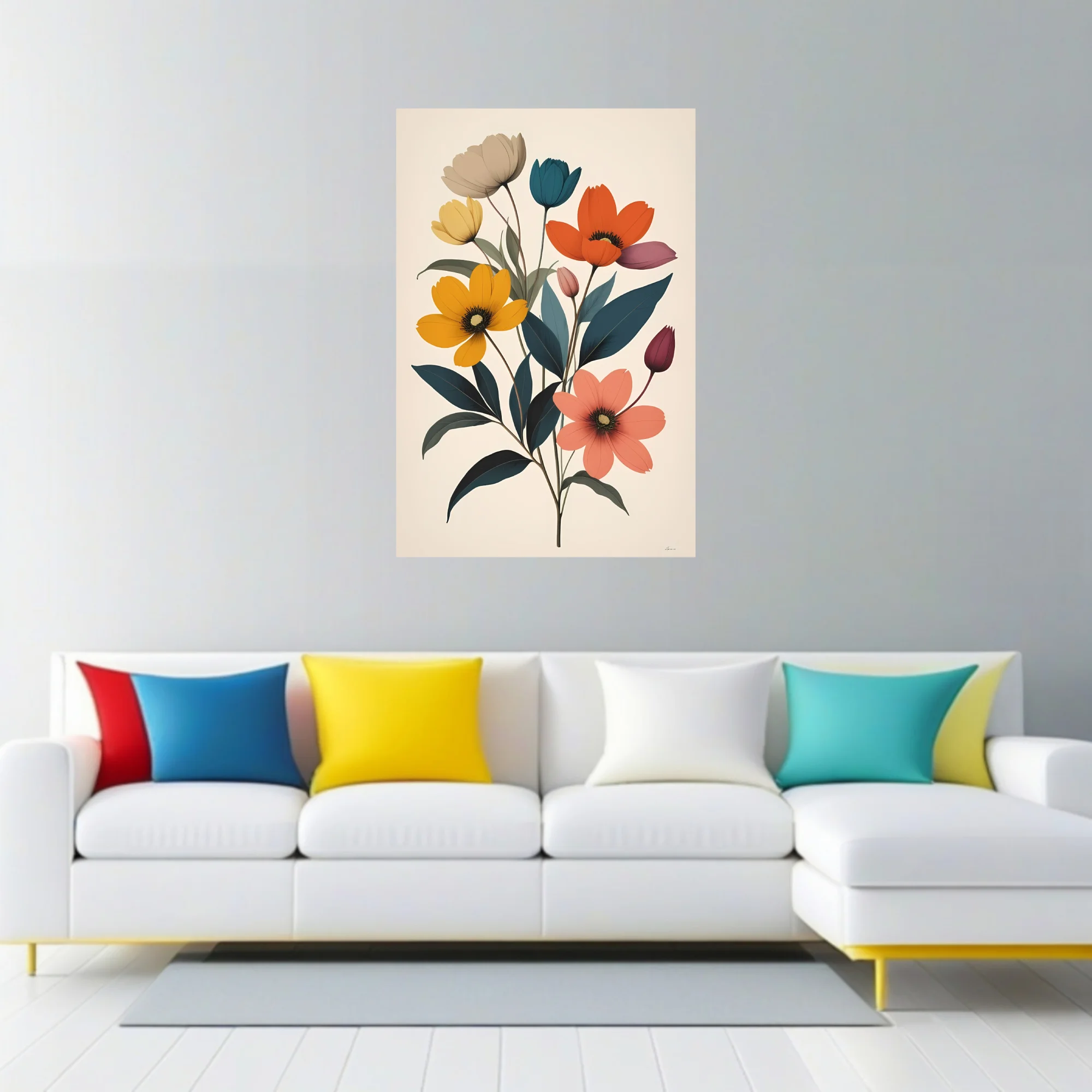 Mid-century modern flat graphic floral art — bold blooms and buds in warm and cool tones
