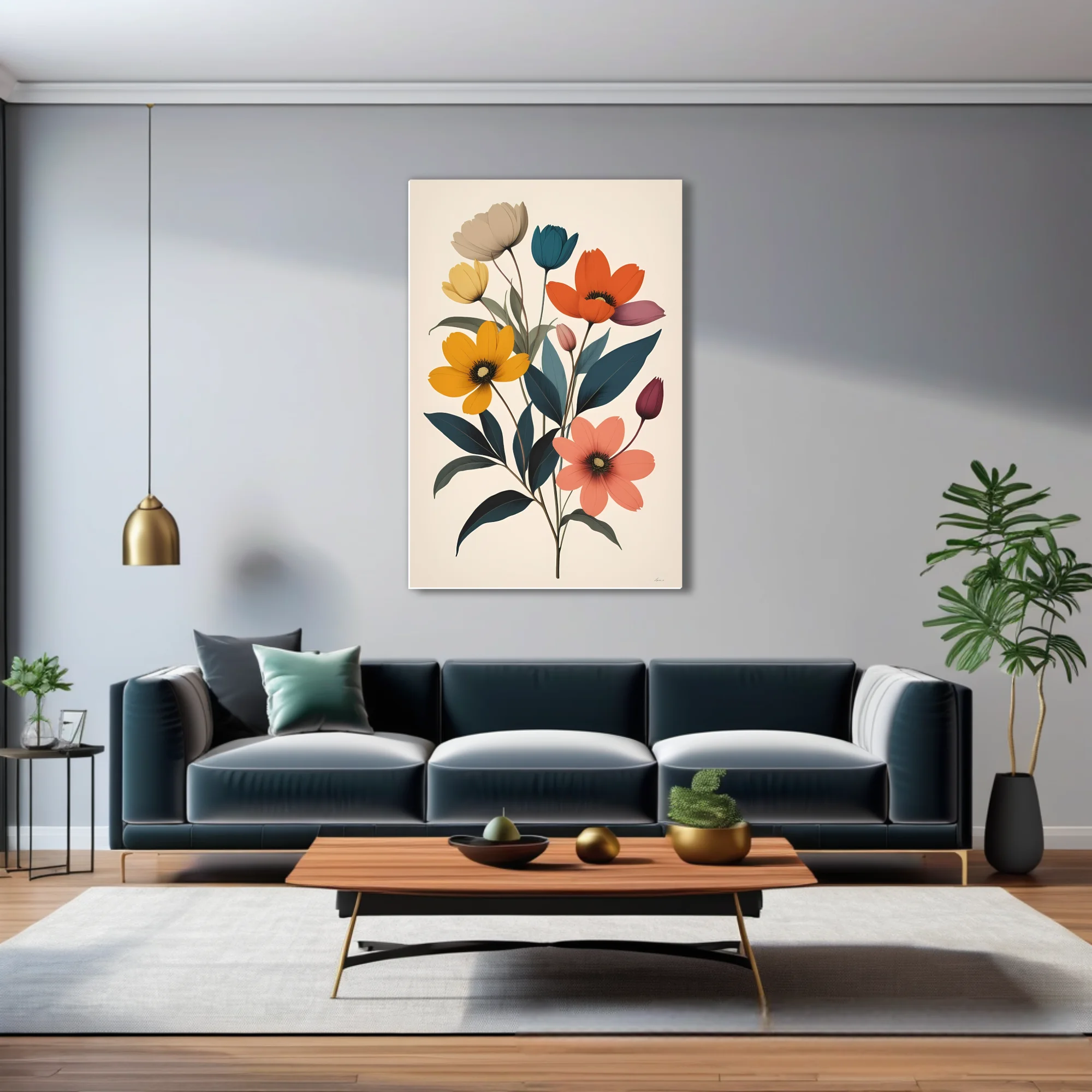 Mid-century modern flat graphic floral art — bold blooms and buds in warm and cool tones