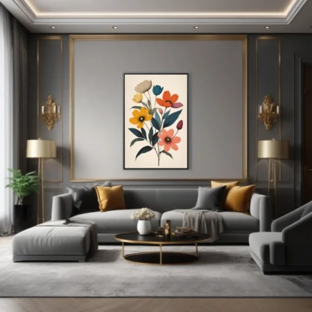 Mid-century modern flat graphic floral art — bold blooms and buds in warm and cool tones