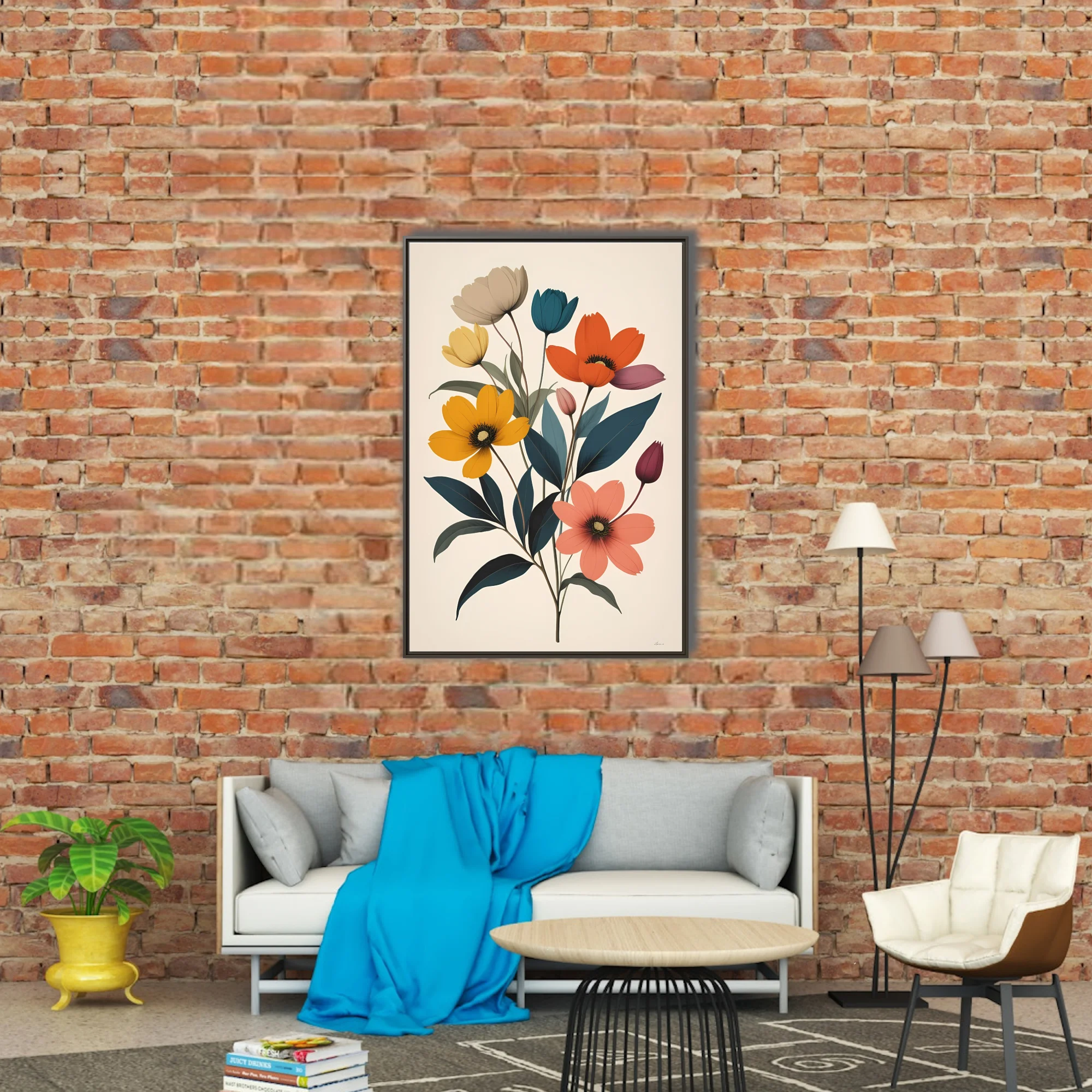 Mid-century modern flat graphic floral art — bold blooms and buds in warm and cool tones