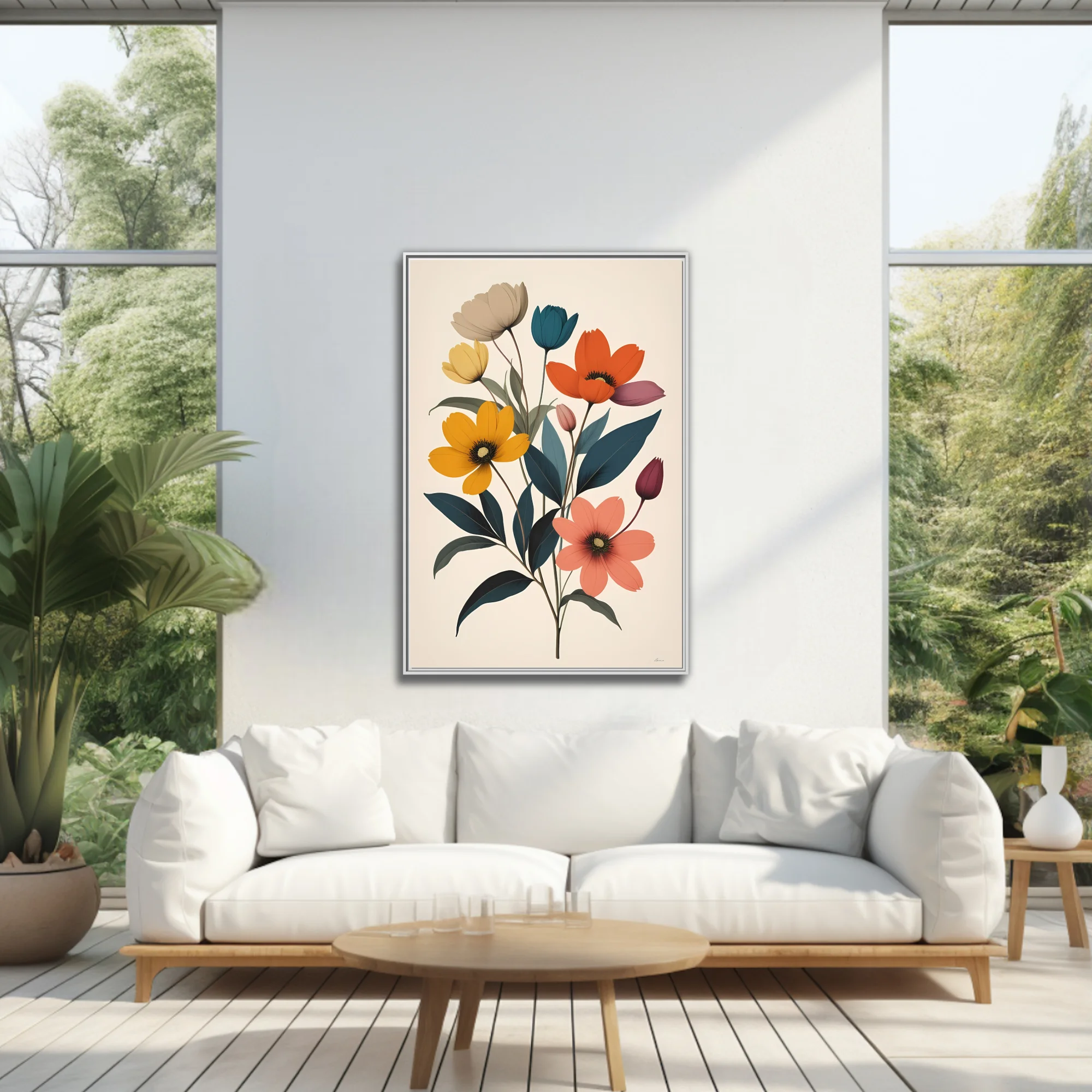 Mid-century modern flat graphic floral art — bold blooms and buds in warm and cool tones