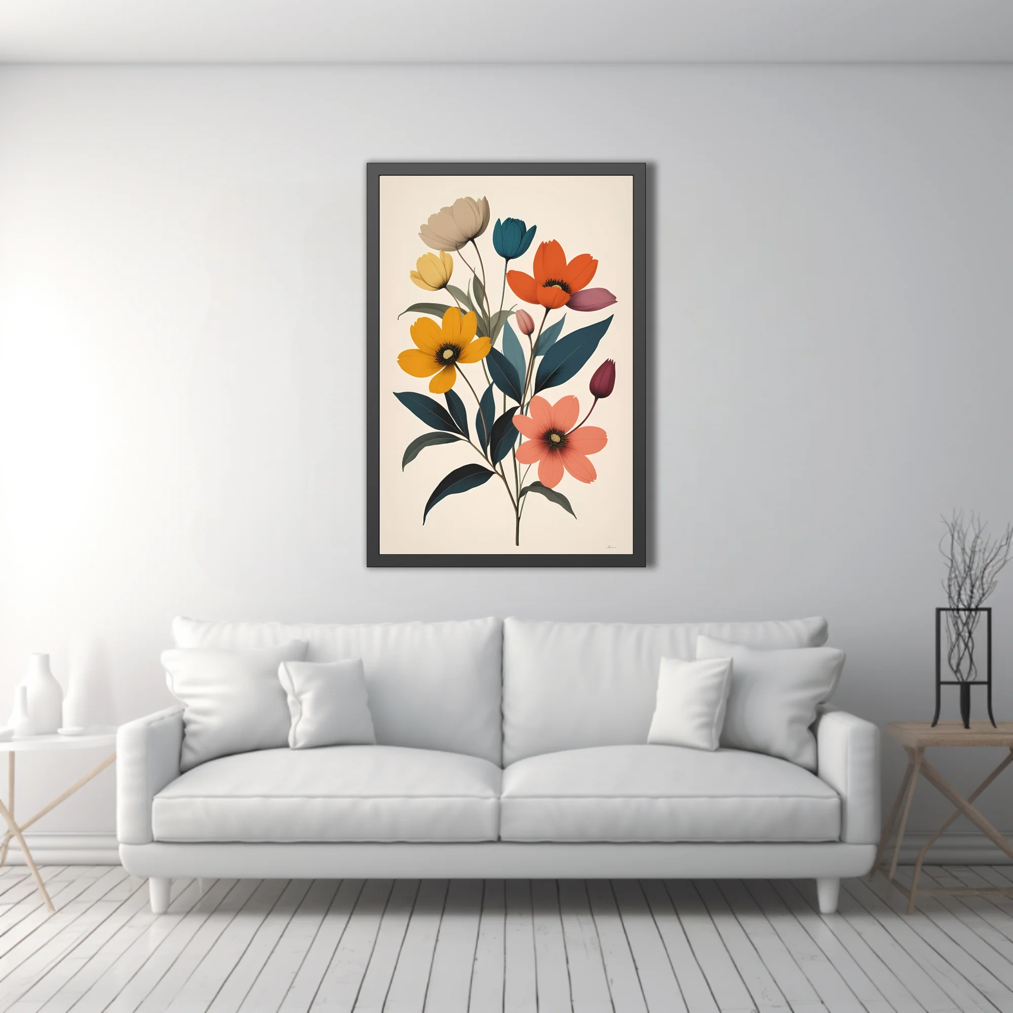 Mid-century modern flat graphic floral art — bold blooms and buds in warm and cool tones
